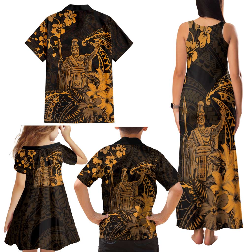 Hawaii King Kamehameha Day Family Matching Tank Maxi Dress and Hawaiian Shirt Polynesian Pattern Mix Hibiscus Gold LT05 - Polynesian Pride