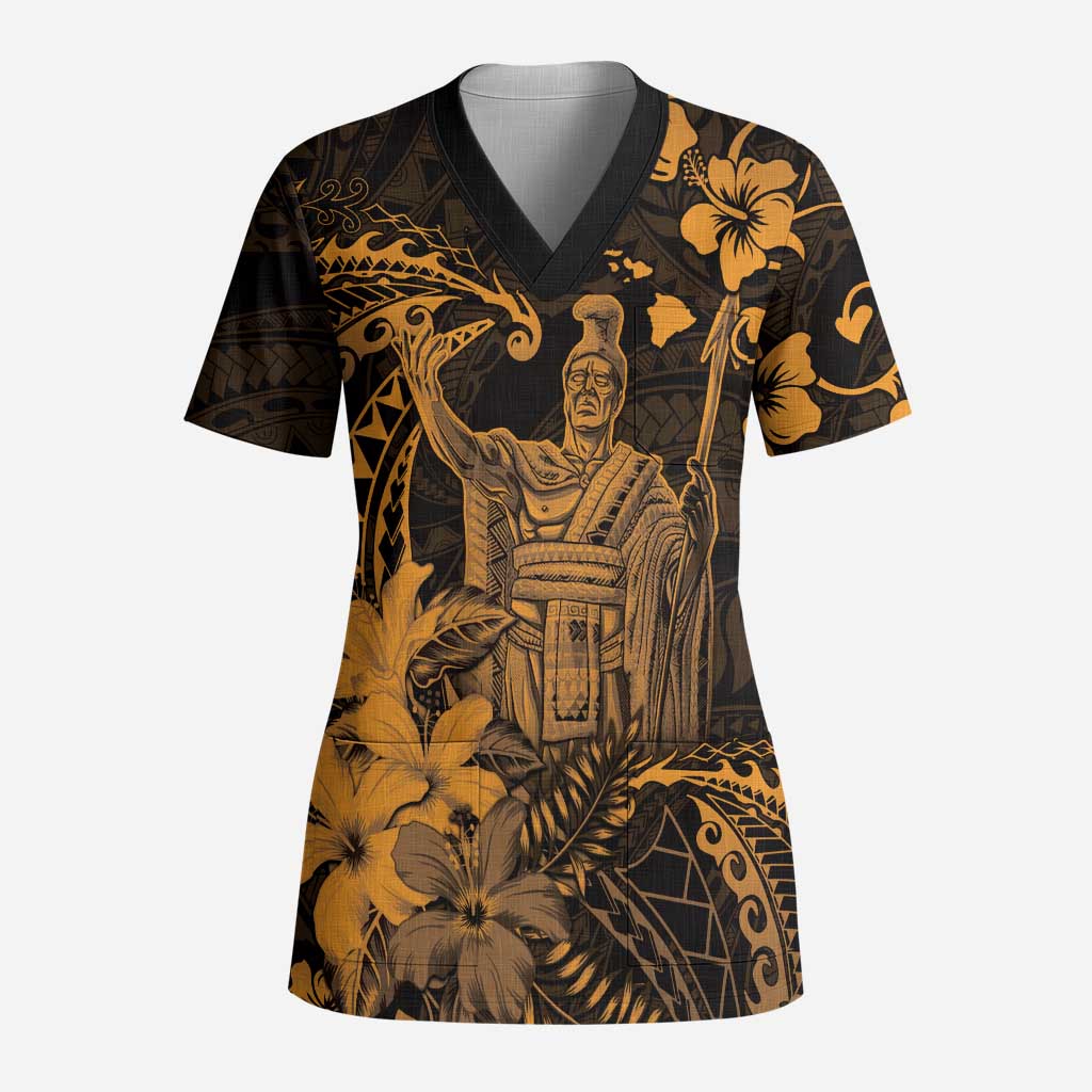 Hawaii King Kamehameha Day Scrub Top Polynesian Pattern Mix Hibiscus Gold LT05 Adult Gold - Polynesian Pride