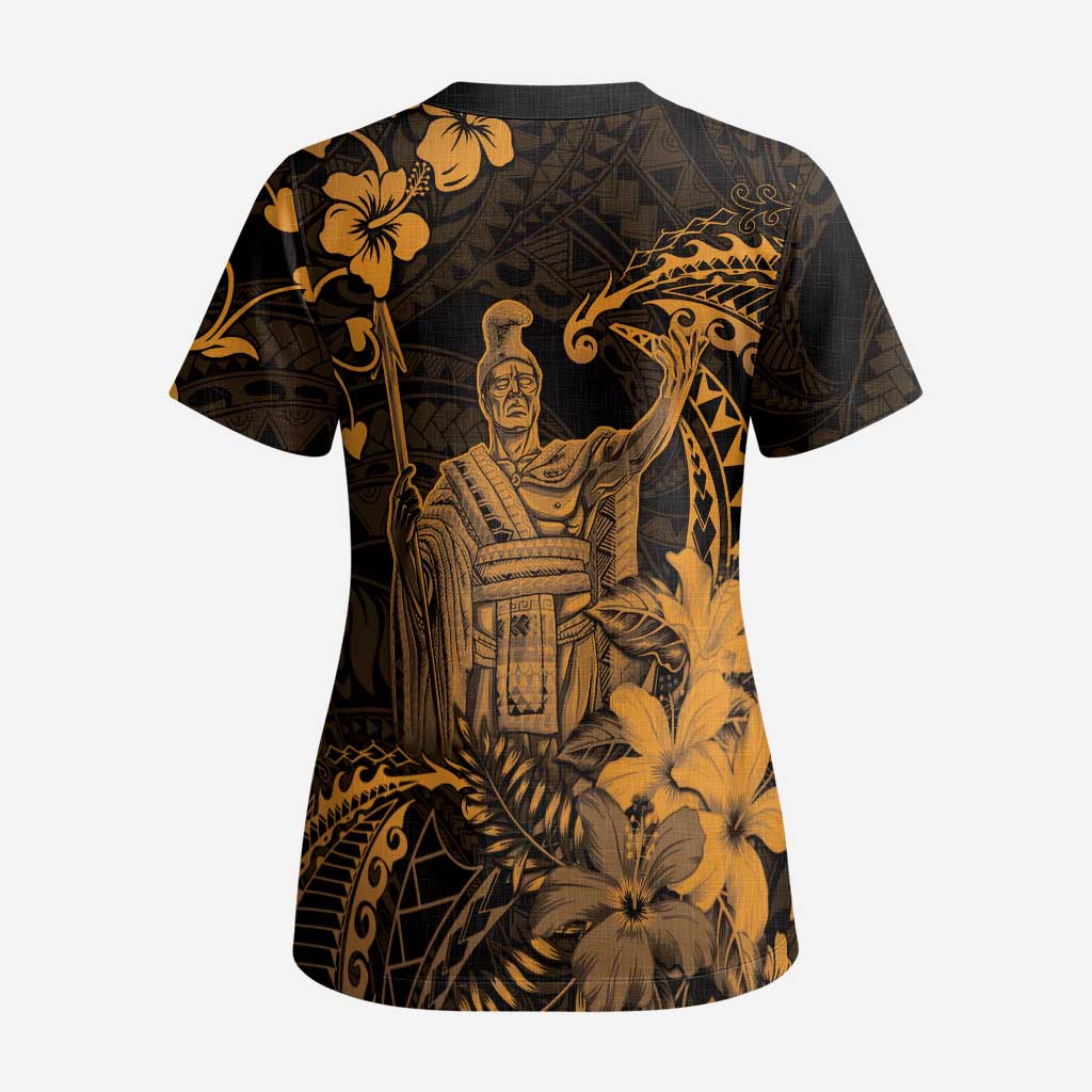 Hawaii King Kamehameha Day Scrub Top Polynesian Pattern Mix Hibiscus Gold LT05 - Polynesian Pride