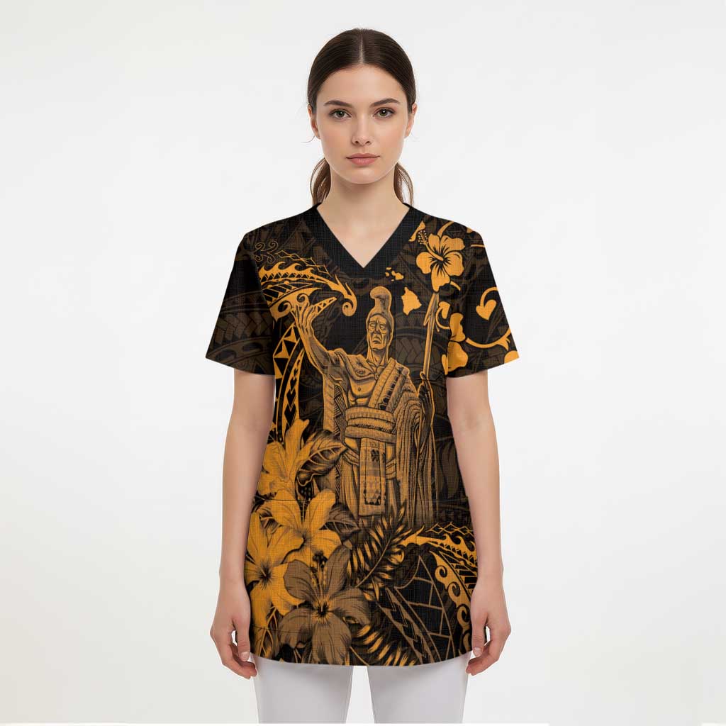 Hawaii King Kamehameha Day Scrub Top Polynesian Pattern Mix Hibiscus Gold LT05 - Polynesian Pride