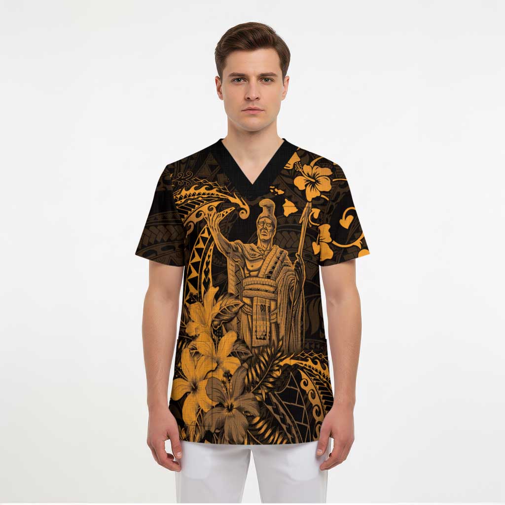 Hawaii King Kamehameha Day Scrub Top Polynesian Pattern Mix Hibiscus Gold LT05 - Polynesian Pride
