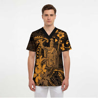 Hawaii King Kamehameha Day Scrub Top Polynesian Pattern Mix Hibiscus Gold LT05 - Polynesian Pride