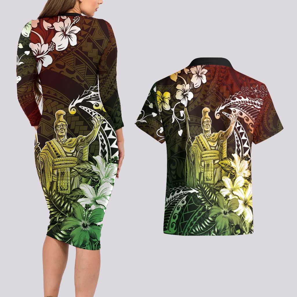 Hawaii King Kamehameha Day Couples Matching Long Sleeve Bodycon Dress and Hawaiian Shirt Polynesian Pattern Mix Hibiscus Reggae LT05 - Polynesian Pride