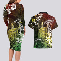 Hawaii King Kamehameha Day Couples Matching Long Sleeve Bodycon Dress and Hawaiian Shirt Polynesian Pattern Mix Hibiscus Reggae LT05 - Polynesian Pride