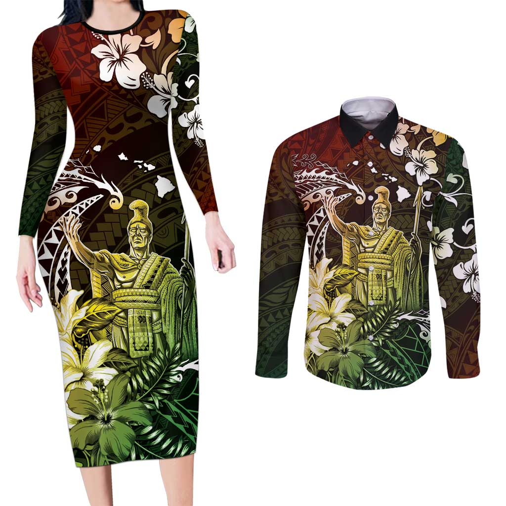 Hawaii King Kamehameha Day Couples Matching Long Sleeve Bodycon Dress and Long Sleeve Button Shirt Polynesian Pattern Mix Hibiscus Reggae LT05 Reggae - Polynesian Pride