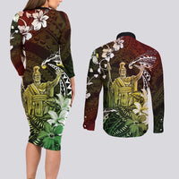Hawaii King Kamehameha Day Couples Matching Long Sleeve Bodycon Dress and Long Sleeve Button Shirt Polynesian Pattern Mix Hibiscus Reggae LT05 - Polynesian Pride