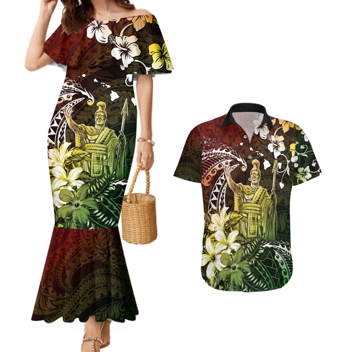 Hawaii King Kamehameha Day Couples Matching Mermaid Dress and Hawaiian Shirt Polynesian Pattern Mix Hibiscus Reggae LT05 Reggae - Polynesian Pride