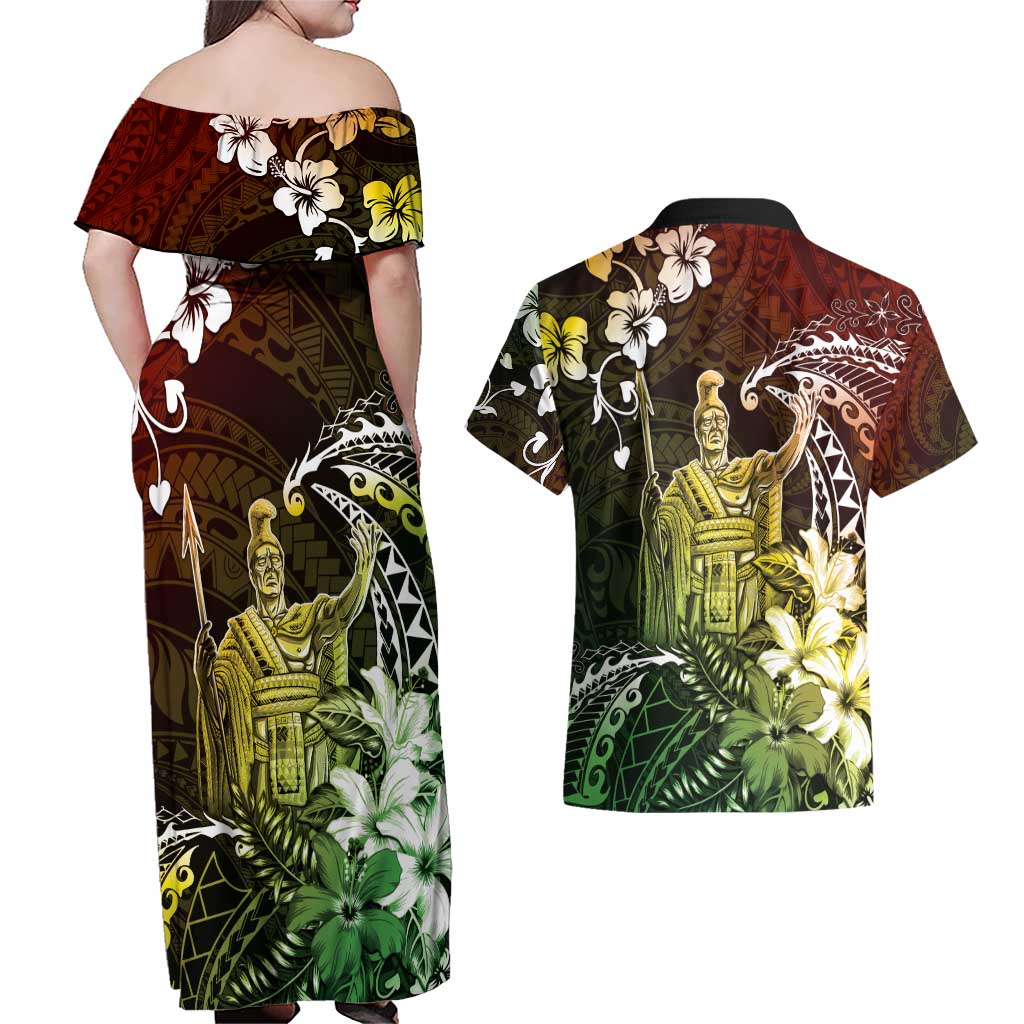 Hawaii King Kamehameha Day Couples Matching Off Shoulder Maxi Dress and Hawaiian Shirt Polynesian Pattern Mix Hibiscus Reggae LT05 - Polynesian Pride