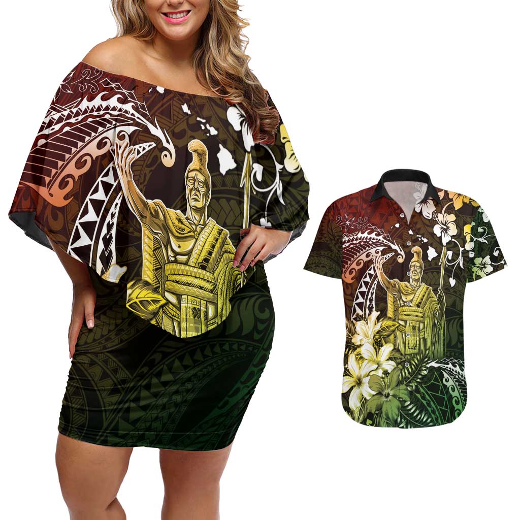 Hawaii King Kamehameha Day Couples Matching Off Shoulder Short Dress and Hawaiian Shirt Polynesian Pattern Mix Hibiscus Reggae LT05 Reggae - Polynesian Pride
