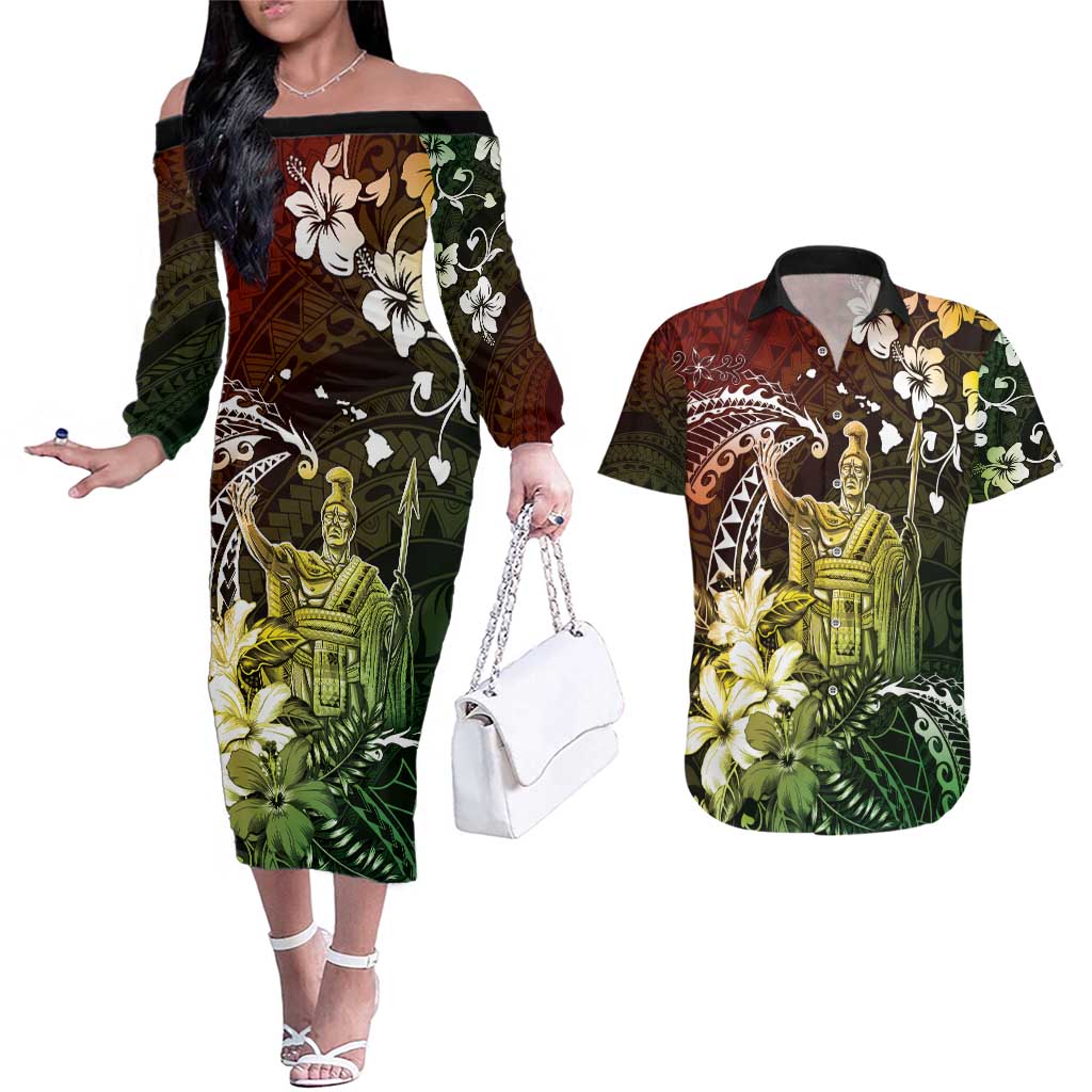 Hawaii King Kamehameha Day Couples Matching Off The Shoulder Long Sleeve Dress and Hawaiian Shirt Polynesian Pattern Mix Hibiscus Reggae LT05 Reggae - Polynesian Pride