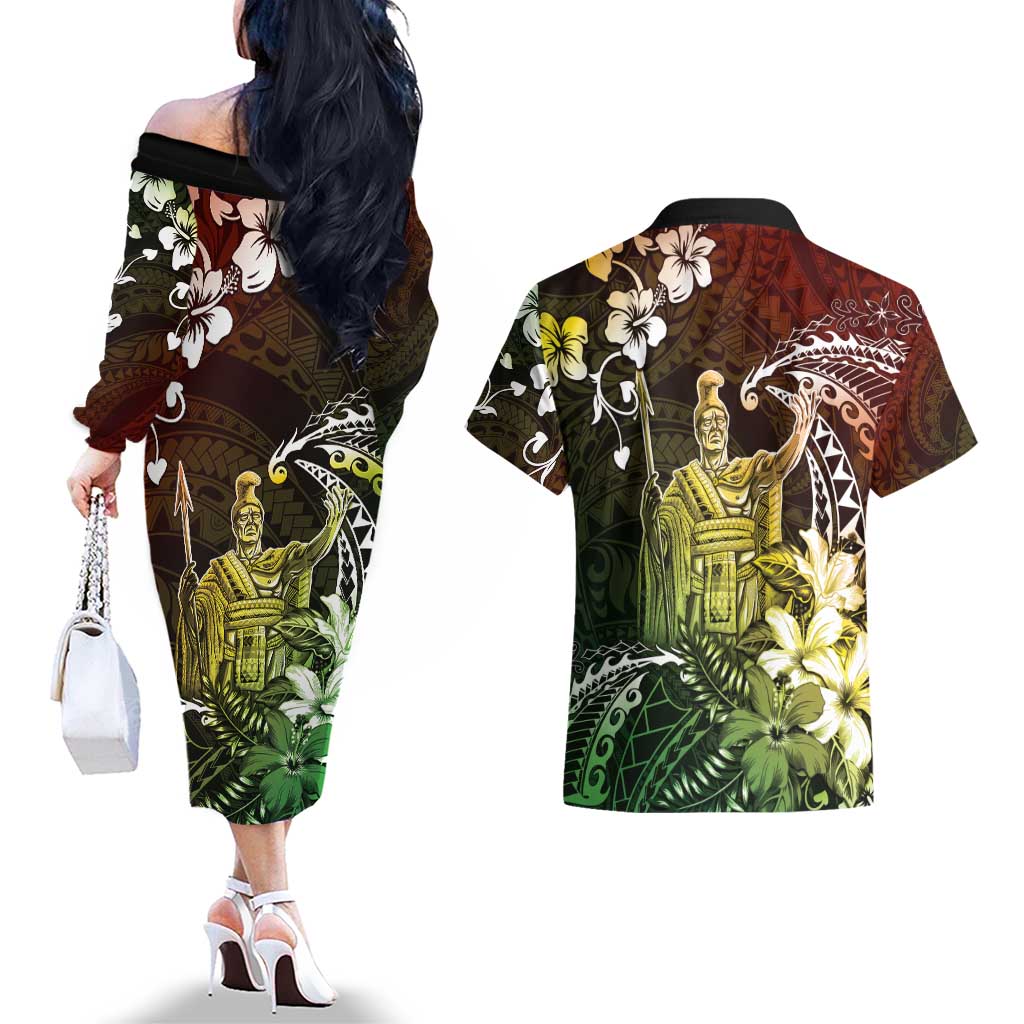 Hawaii King Kamehameha Day Couples Matching Off The Shoulder Long Sleeve Dress and Hawaiian Shirt Polynesian Pattern Mix Hibiscus Reggae LT05 - Polynesian Pride