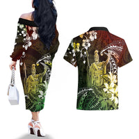 Hawaii King Kamehameha Day Couples Matching Off The Shoulder Long Sleeve Dress and Hawaiian Shirt Polynesian Pattern Mix Hibiscus Reggae LT05 - Polynesian Pride