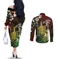 Hawaii King Kamehameha Day Couples Matching Off The Shoulder Long Sleeve Dress and Long Sleeve Button Shirt Polynesian Pattern Mix Hibiscus Reggae LT05 - Polynesian Pride