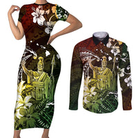 Hawaii King Kamehameha Day Couples Matching Short Sleeve Bodycon Dress and Long Sleeve Button Shirt Polynesian Pattern Mix Hibiscus Reggae LT05 Reggae - Polynesian Pride