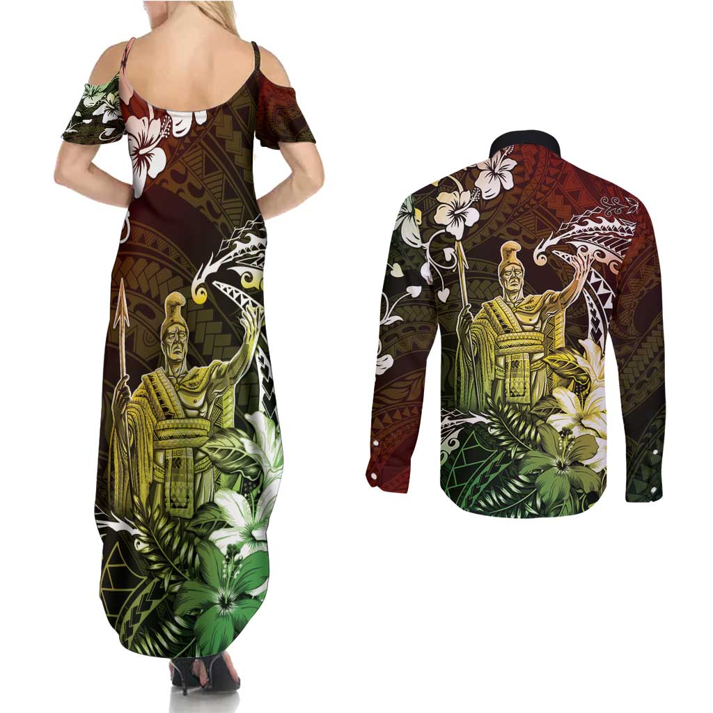 Hawaii King Kamehameha Day Couples Matching Summer Maxi Dress and Long Sleeve Button Shirt Polynesian Pattern Mix Hibiscus Reggae