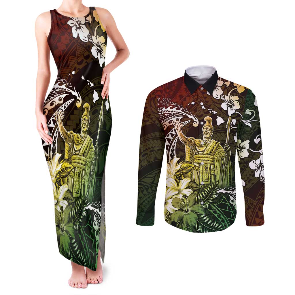 Hawaii King Kamehameha Day Couples Matching Tank Maxi Dress and Long Sleeve Button Shirt Polynesian Pattern Mix Hibiscus Reggae
