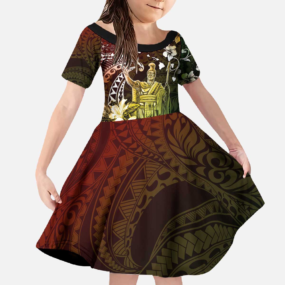 Hawaii King Kamehameha Day Family Matching Off The Shoulder Long Sleeve Dress and Hawaiian Shirt Polynesian Pattern Mix Hibiscus Reggae LT05 Daughter's Dress Reggae - Polynesian Pride