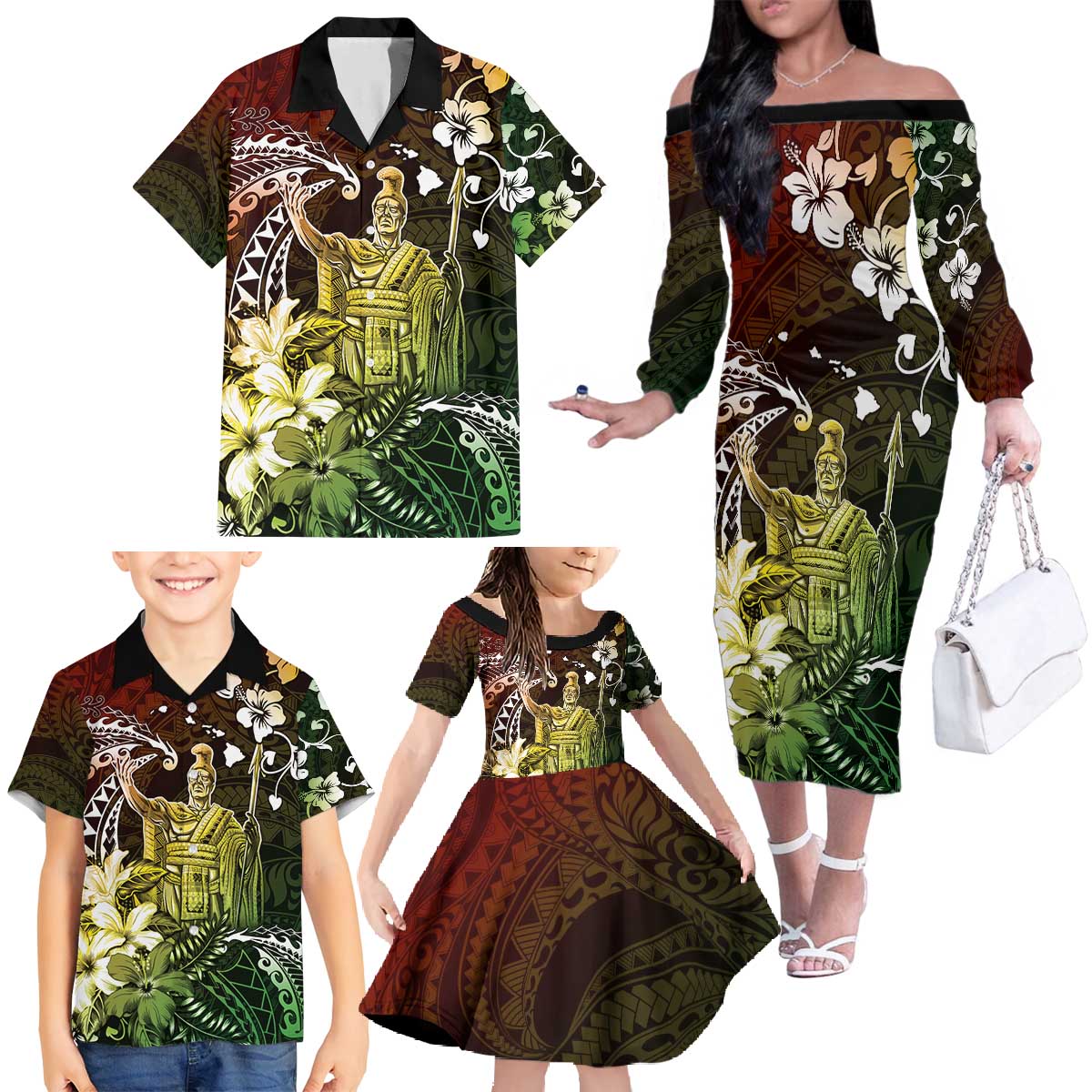 Hawaii King Kamehameha Day Family Matching Off The Shoulder Long Sleeve Dress and Hawaiian Shirt Polynesian Pattern Mix Hibiscus Reggae LT05 - Polynesian Pride