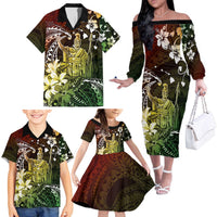 Hawaii King Kamehameha Day Family Matching Off The Shoulder Long Sleeve Dress and Hawaiian Shirt Polynesian Pattern Mix Hibiscus Reggae LT05 - Polynesian Pride