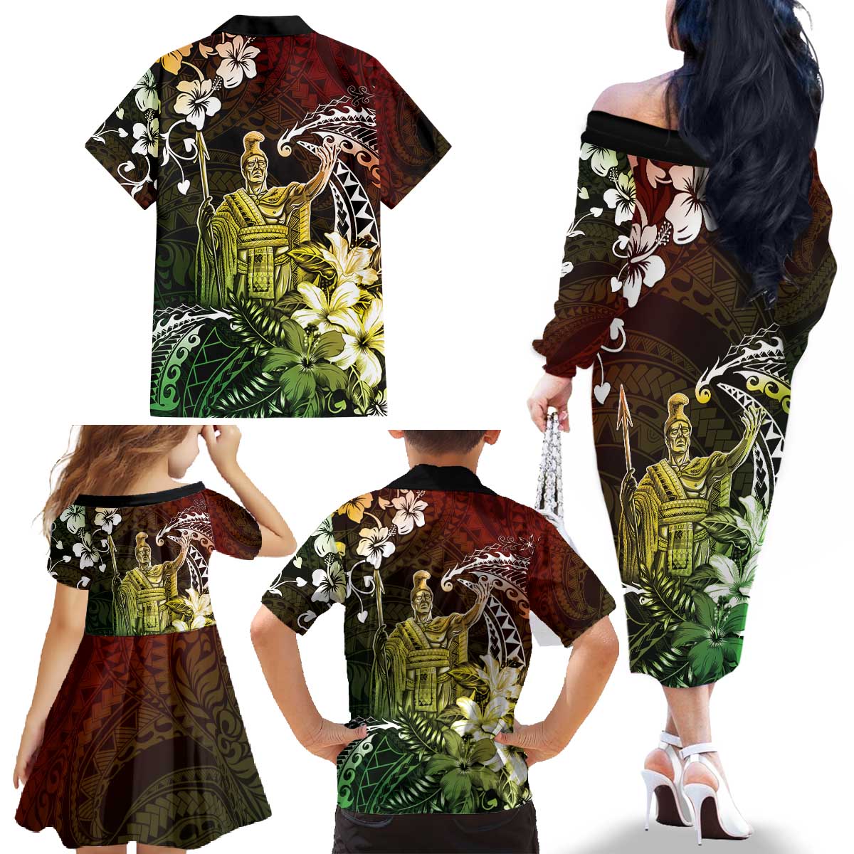 Hawaii King Kamehameha Day Family Matching Off The Shoulder Long Sleeve Dress and Hawaiian Shirt Polynesian Pattern Mix Hibiscus Reggae LT05 - Polynesian Pride