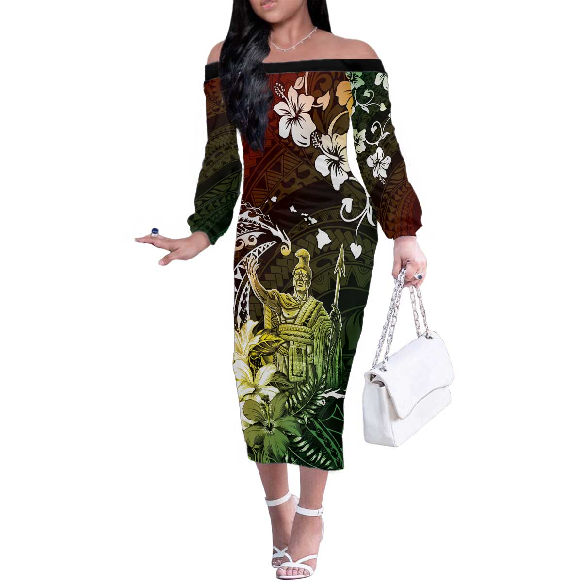 Hawaii King Kamehameha Day Family Matching Off The Shoulder Long Sleeve Dress and Hawaiian Shirt Polynesian Pattern Mix Hibiscus Reggae LT05 Mom's Dress Reggae - Polynesian Pride