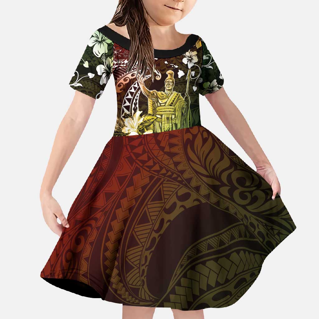 Hawaii King Kamehameha Day Family Matching Off Shoulder Maxi Dress and Hawaiian Shirt Polynesian Pattern Mix Hibiscus Reggae LT05 Daughter's Dress Reggae - Polynesian Pride