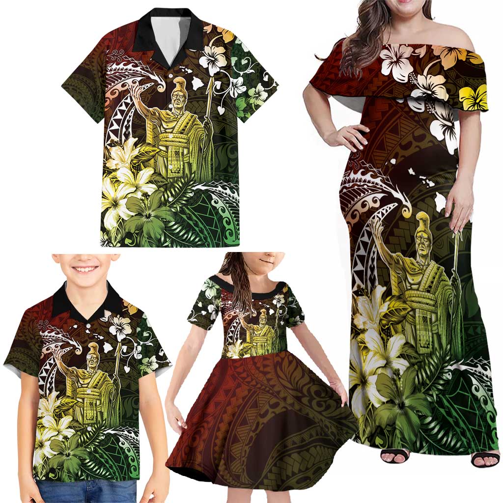 Hawaii King Kamehameha Day Family Matching Off Shoulder Maxi Dress and Hawaiian Shirt Polynesian Pattern Mix Hibiscus Reggae LT05 - Polynesian Pride