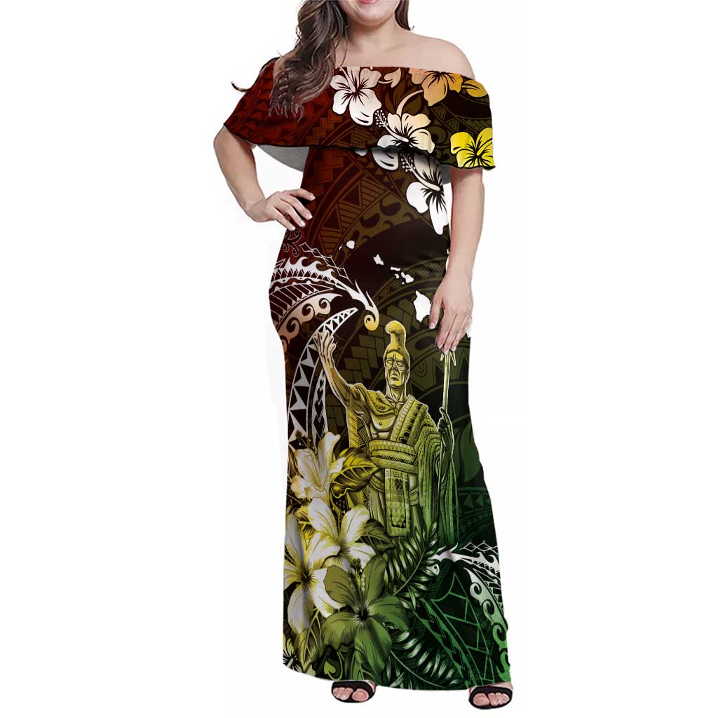 Hawaii King Kamehameha Day Family Matching Off Shoulder Maxi Dress and Hawaiian Shirt Polynesian Pattern Mix Hibiscus Reggae LT05 Mom's Dress Reggae - Polynesian Pride
