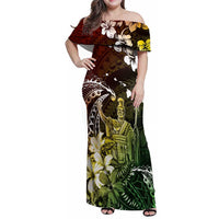 Hawaii King Kamehameha Day Family Matching Off Shoulder Maxi Dress and Hawaiian Shirt Polynesian Pattern Mix Hibiscus Reggae LT05 Mom's Dress Reggae - Polynesian Pride