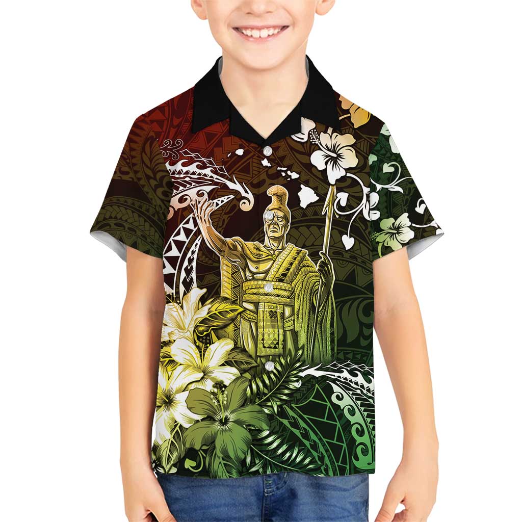 Hawaii King Kamehameha Day Family Matching Off Shoulder Maxi Dress and Hawaiian Shirt Polynesian Pattern Mix Hibiscus Reggae LT05 Son's Shirt Reggae - Polynesian Pride