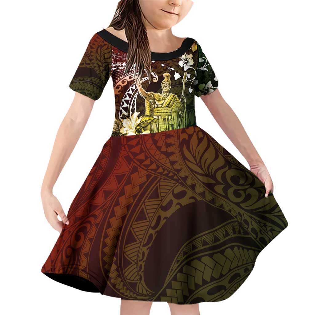 Hawaii King Kamehameha Day Family Matching Off Shoulder Short Dress and Hawaiian Shirt Polynesian Pattern Mix Hibiscus Reggae LT05 Daughter's Dress Reggae - Polynesian Pride