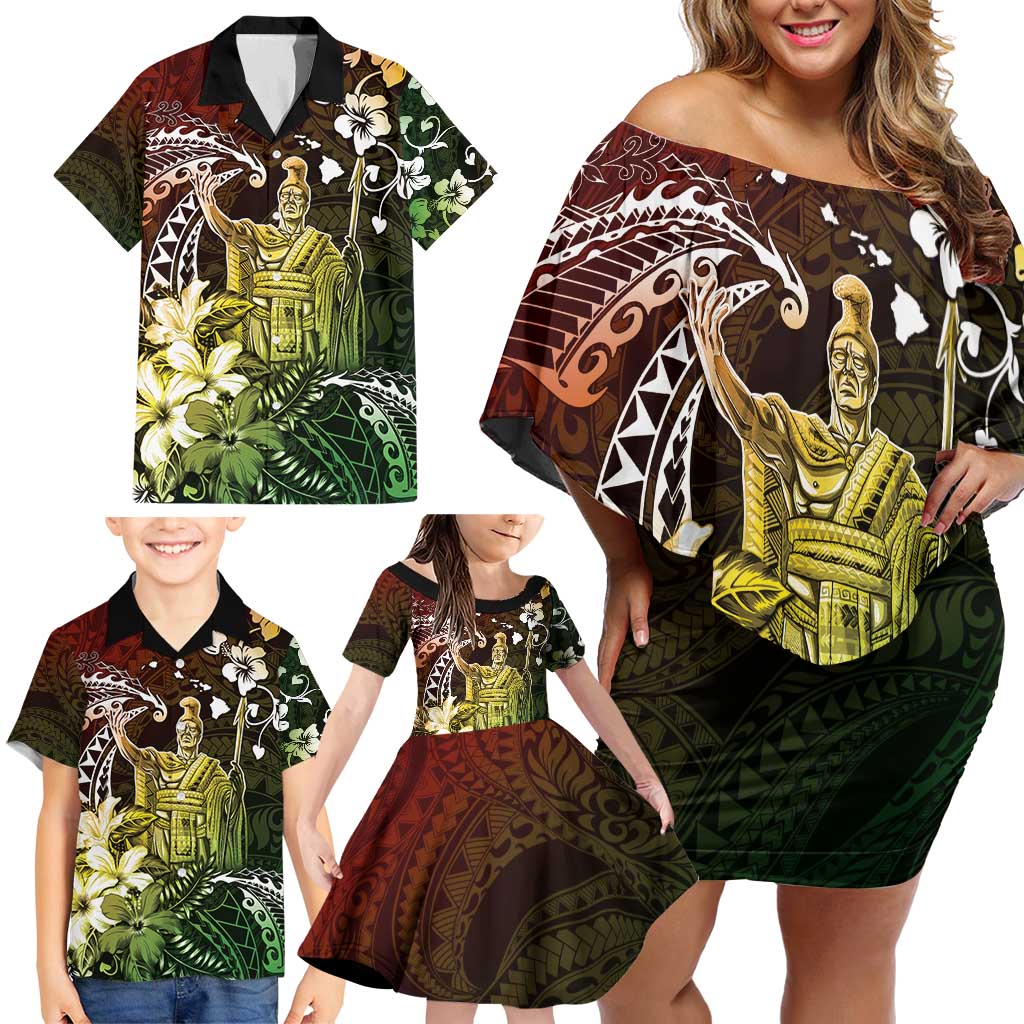 Hawaii King Kamehameha Day Family Matching Off Shoulder Short Dress and Hawaiian Shirt Polynesian Pattern Mix Hibiscus Reggae LT05 - Polynesian Pride