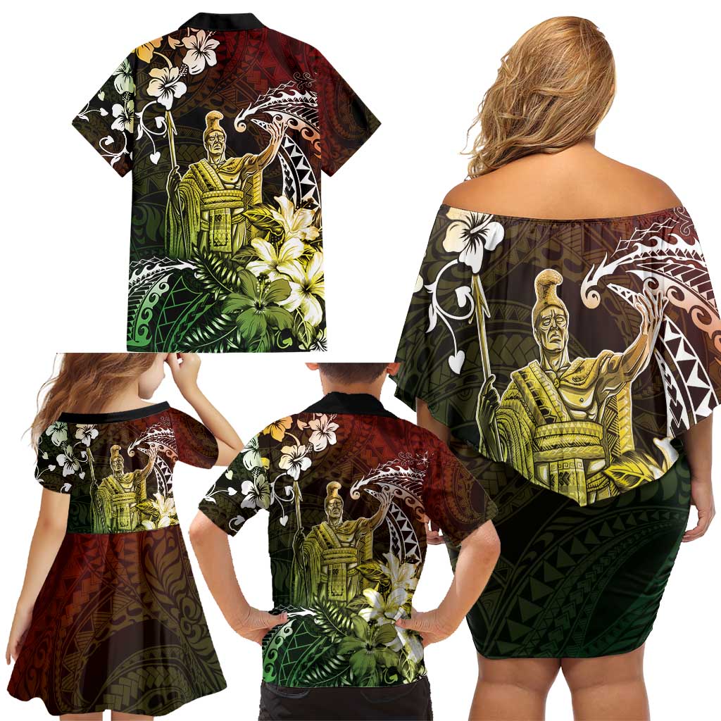 Hawaii King Kamehameha Day Family Matching Off Shoulder Short Dress and Hawaiian Shirt Polynesian Pattern Mix Hibiscus Reggae LT05 - Polynesian Pride