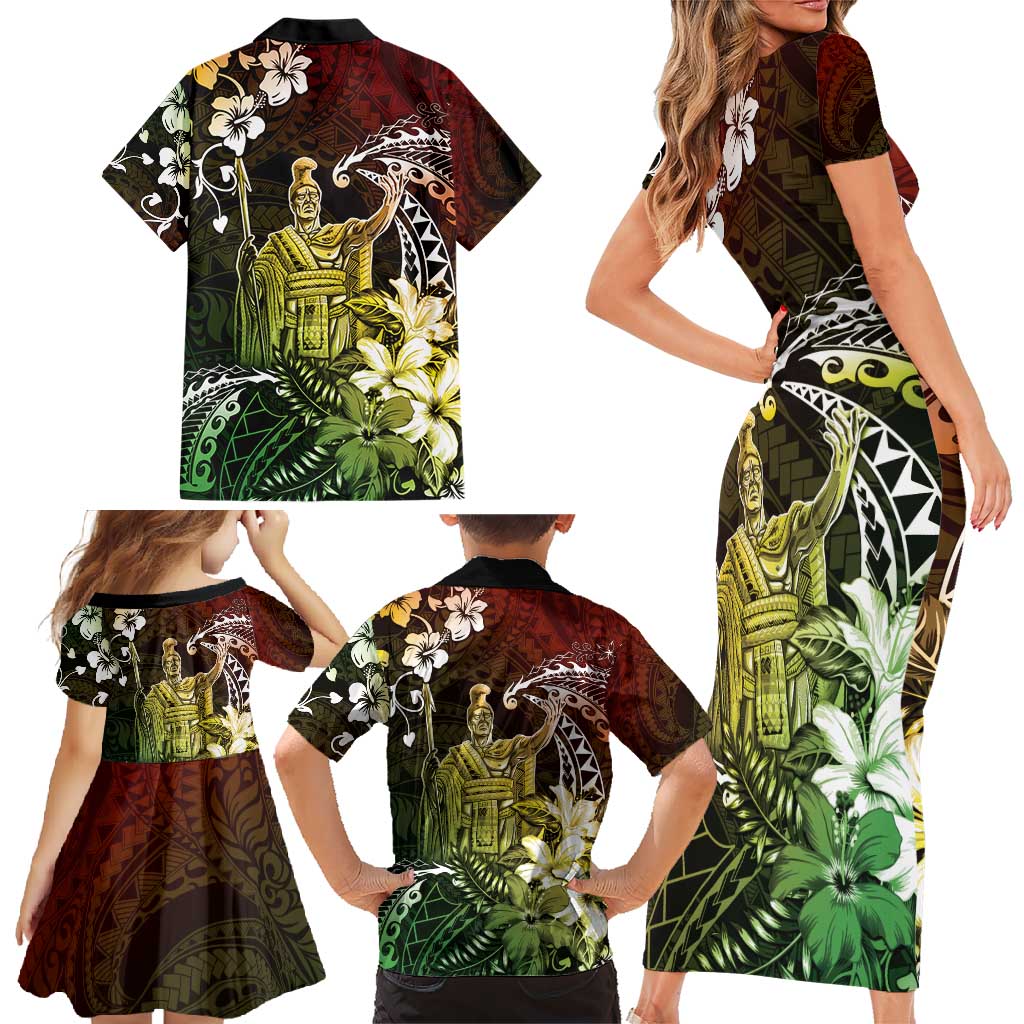 Hawaii King Kamehameha Day Family Matching Short Sleeve Bodycon Dress and Hawaiian Shirt Polynesian Pattern Mix Hibiscus Reggae LT05 - Polynesian Pride