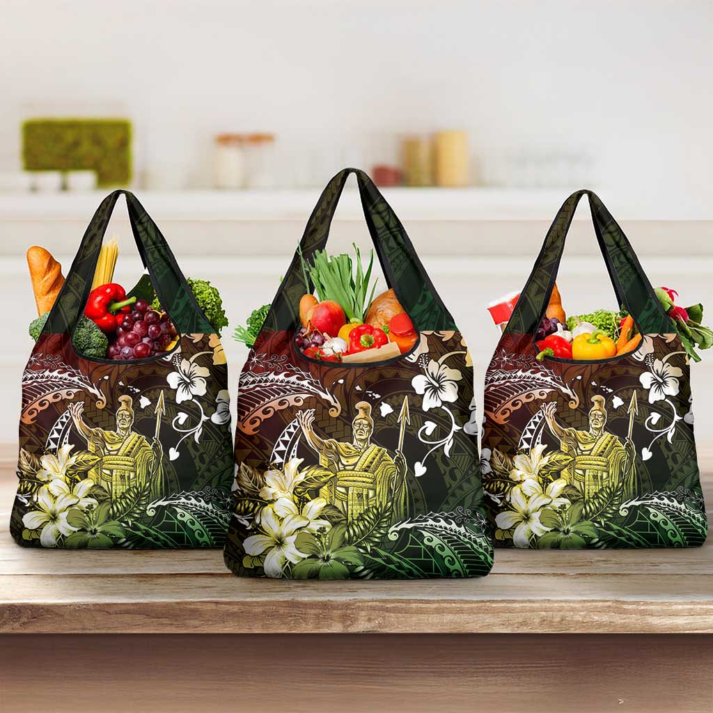 Hawaii King Kamehameha Day Grocery Bag Polynesian Pattern Mix Hibiscus Reggae