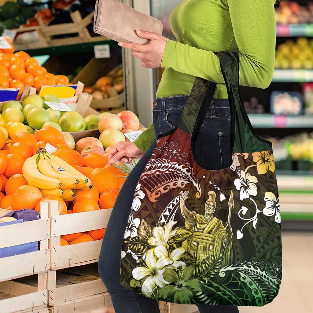 Hawaii King Kamehameha Day Grocery Bag Polynesian Pattern Mix Hibiscus Reggae