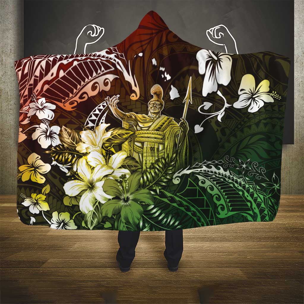 Hawaii King Kamehameha Day Hooded Blanket Polynesian Pattern Mix Hibiscus Reggae