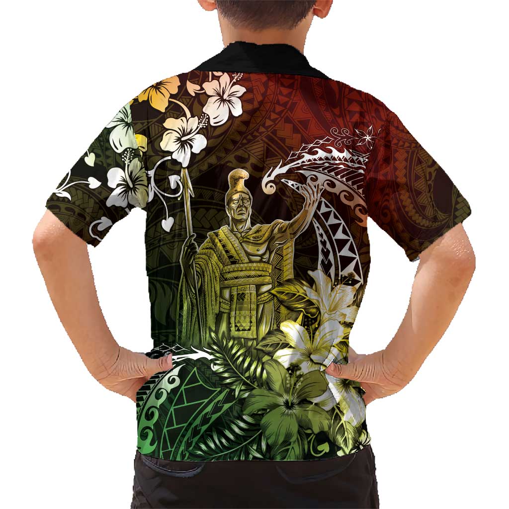 Hawaii King Kamehameha Day Kid Hawaiian Shirt Polynesian Pattern Mix Hibiscus Reggae