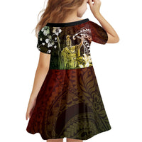 Hawaii King Kamehameha Day Kid Short Sleeve Dress Polynesian Pattern Mix Hibiscus Reggae