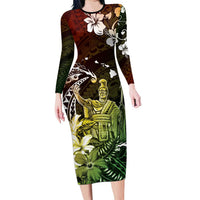 Hawaii King Kamehameha Day Long Sleeve Bodycon Dress Polynesian Pattern Mix Hibiscus Reggae LT05 Long Dress Reggae - Polynesian Pride