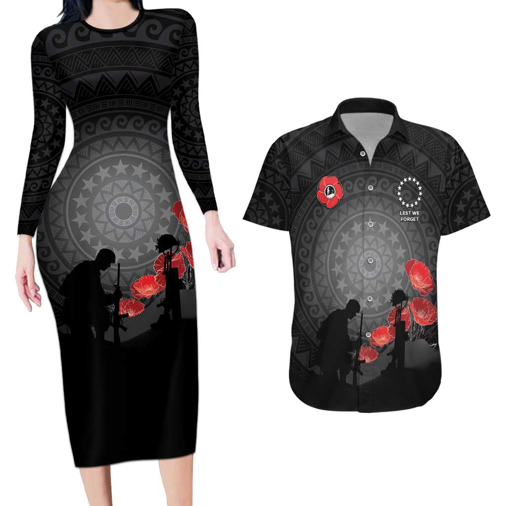 Cook Islands ANZAC Day Couples Matching Long Sleeve Bodycon Dress and Hawaiian Shirt Soldier Silhouette Remembrance LT05 Black - Polynesian Pride