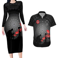 Cook Islands ANZAC Day Couples Matching Long Sleeve Bodycon Dress and Hawaiian Shirt Soldier Silhouette Remembrance LT05 Black - Polynesian Pride