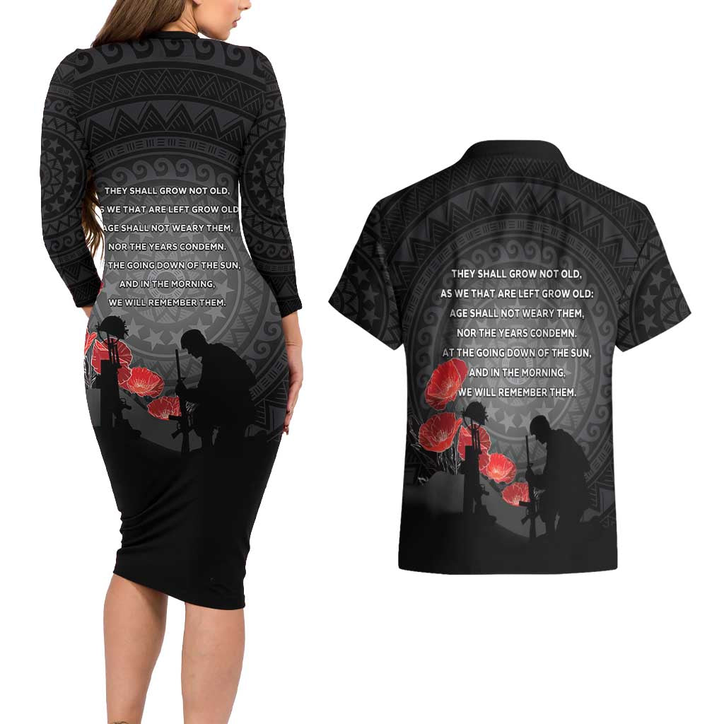 Cook Islands ANZAC Day Couples Matching Long Sleeve Bodycon Dress and Hawaiian Shirt Soldier Silhouette Remembrance LT05 - Polynesian Pride