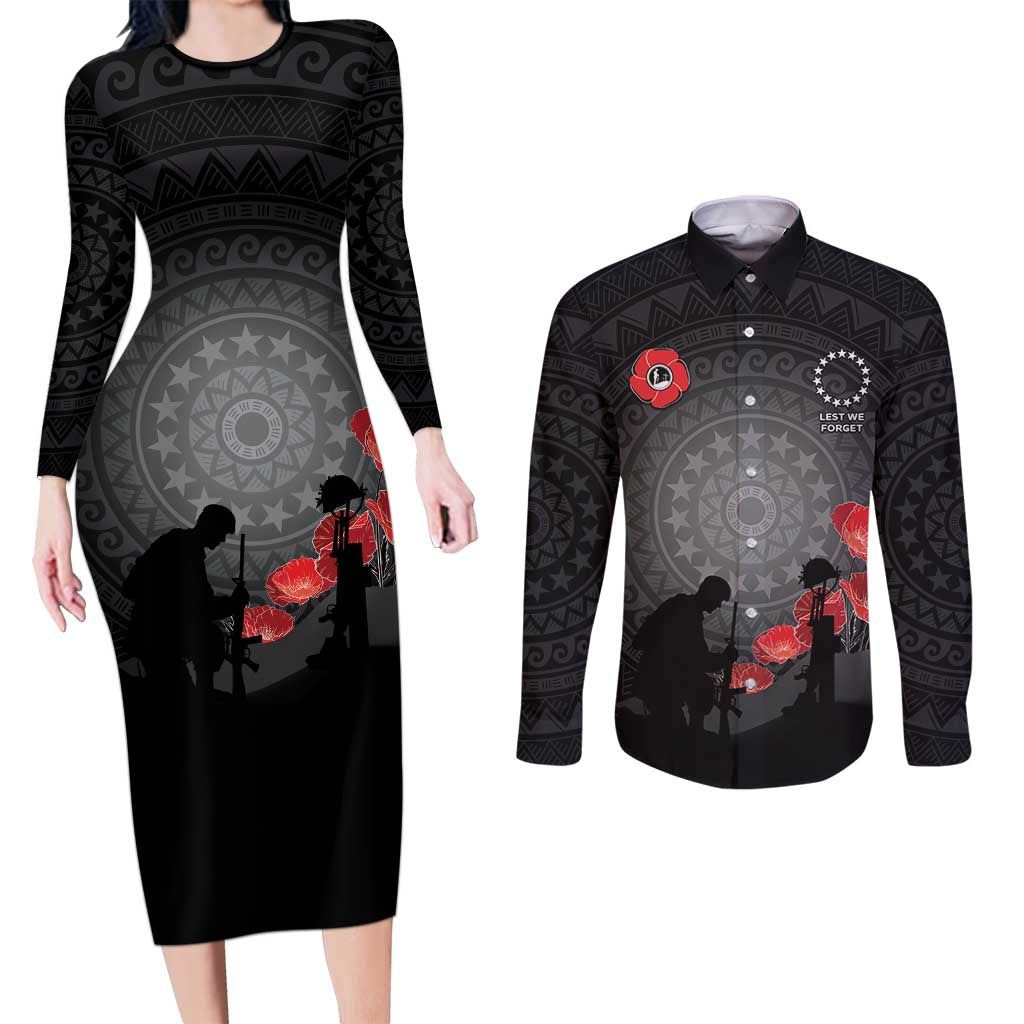Cook Islands ANZAC Day Couples Matching Long Sleeve Bodycon Dress and Long Sleeve Button Shirt Soldier Silhouette Remembrance LT05 Black - Polynesian Pride