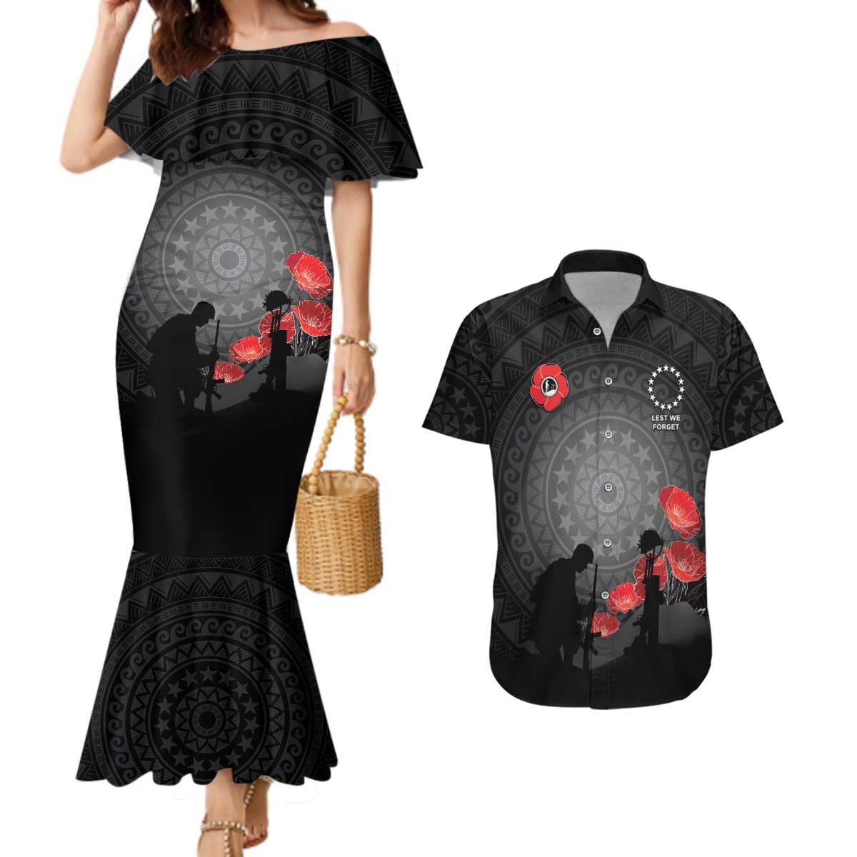 Cook Islands ANZAC Day Couples Matching Mermaid Dress and Hawaiian Shirt Soldier Silhouette Remembrance LT05 Black - Polynesian Pride