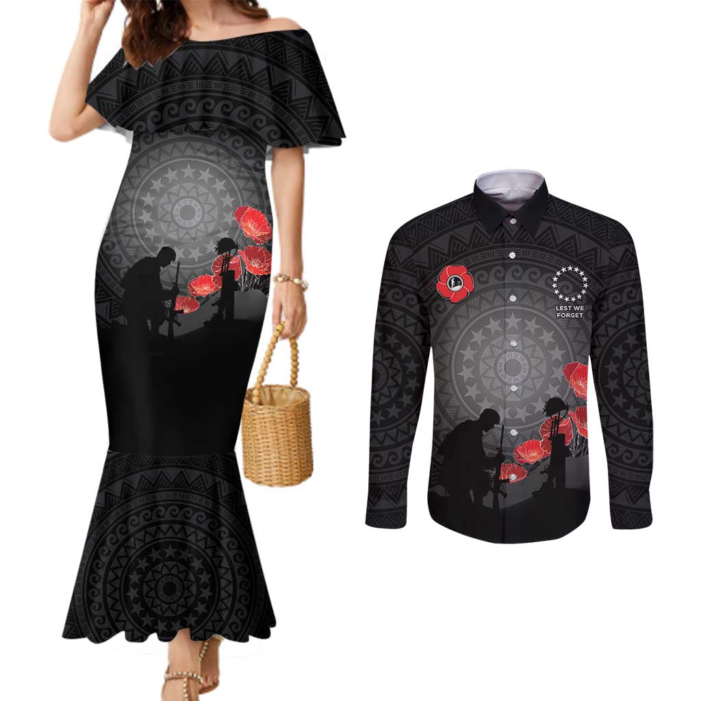 Cook Islands ANZAC Day Couples Matching Mermaid Dress and Long Sleeve Button Shirt Soldier Silhouette Remembrance LT05 Black - Polynesian Pride