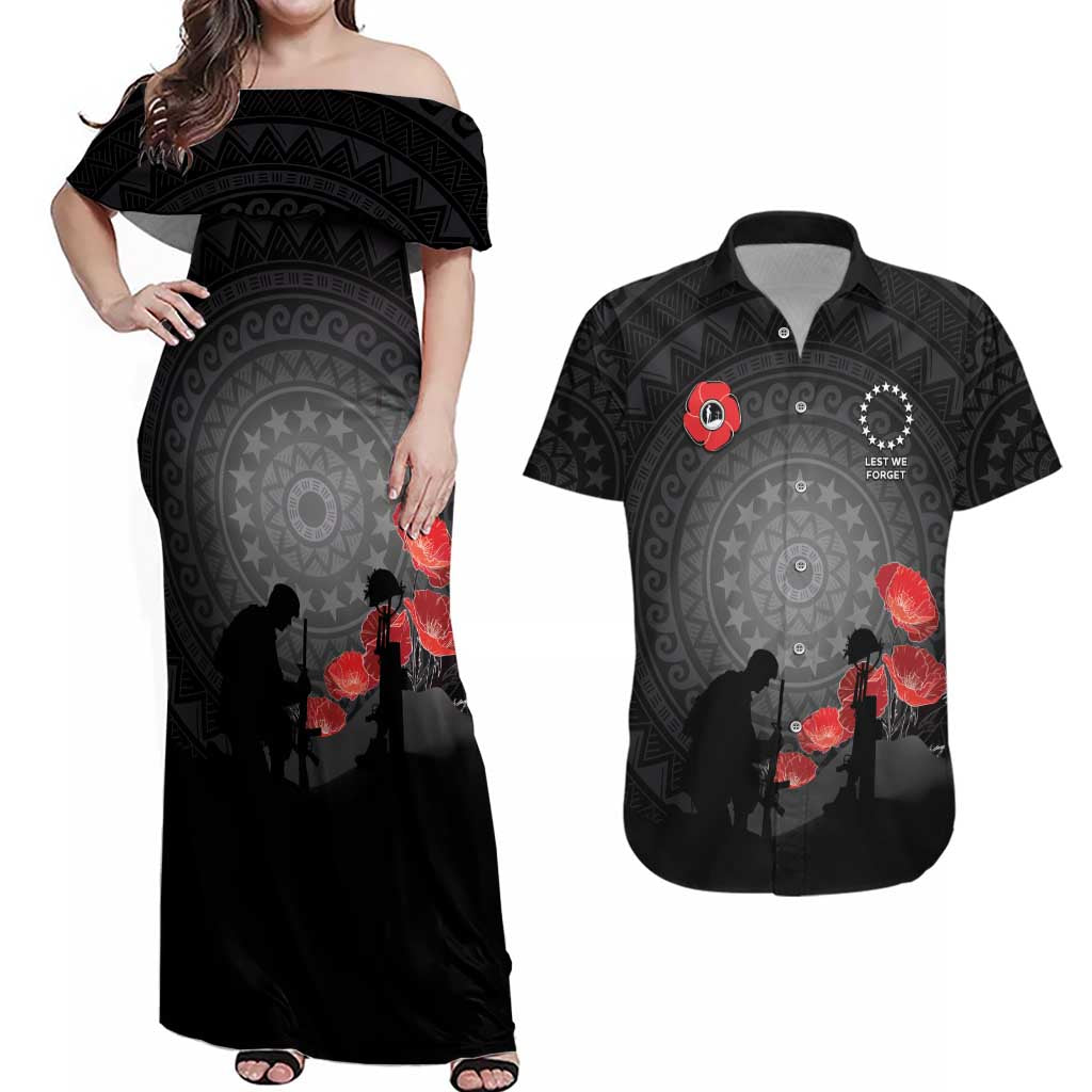 Cook Islands ANZAC Day Couples Matching Off Shoulder Maxi Dress and Hawaiian Shirt Soldier Silhouette Remembrance LT05 Black - Polynesian Pride