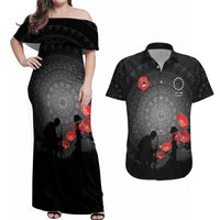Cook Islands ANZAC Day Couples Matching Off Shoulder Maxi Dress and Hawaiian Shirt Soldier Silhouette Remembrance LT05 Black - Polynesian Pride