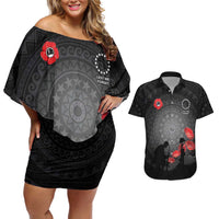 Cook Islands ANZAC Day Couples Matching Off Shoulder Short Dress and Hawaiian Shirt Soldier Silhouette Remembrance LT05 Black - Polynesian Pride