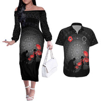 Cook Islands ANZAC Day Couples Matching Off The Shoulder Long Sleeve Dress and Hawaiian Shirt Soldier Silhouette Remembrance LT05 Black - Polynesian Pride